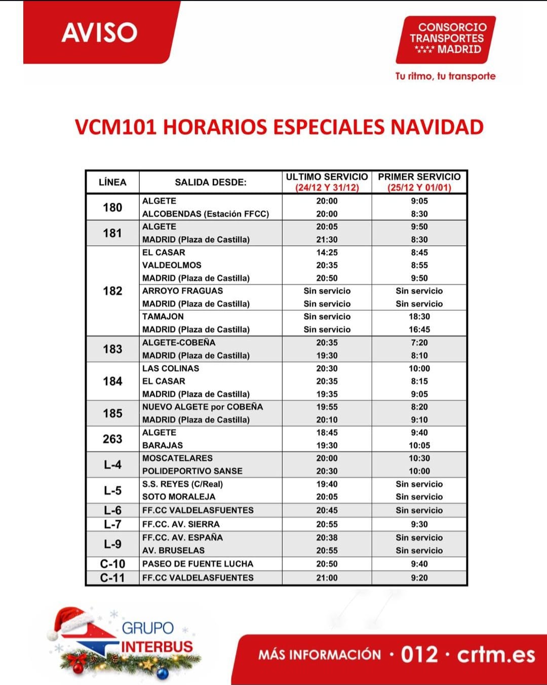 HORARIOS ESPECIALES NAVIDAD LÍNEAS 182 Y 184