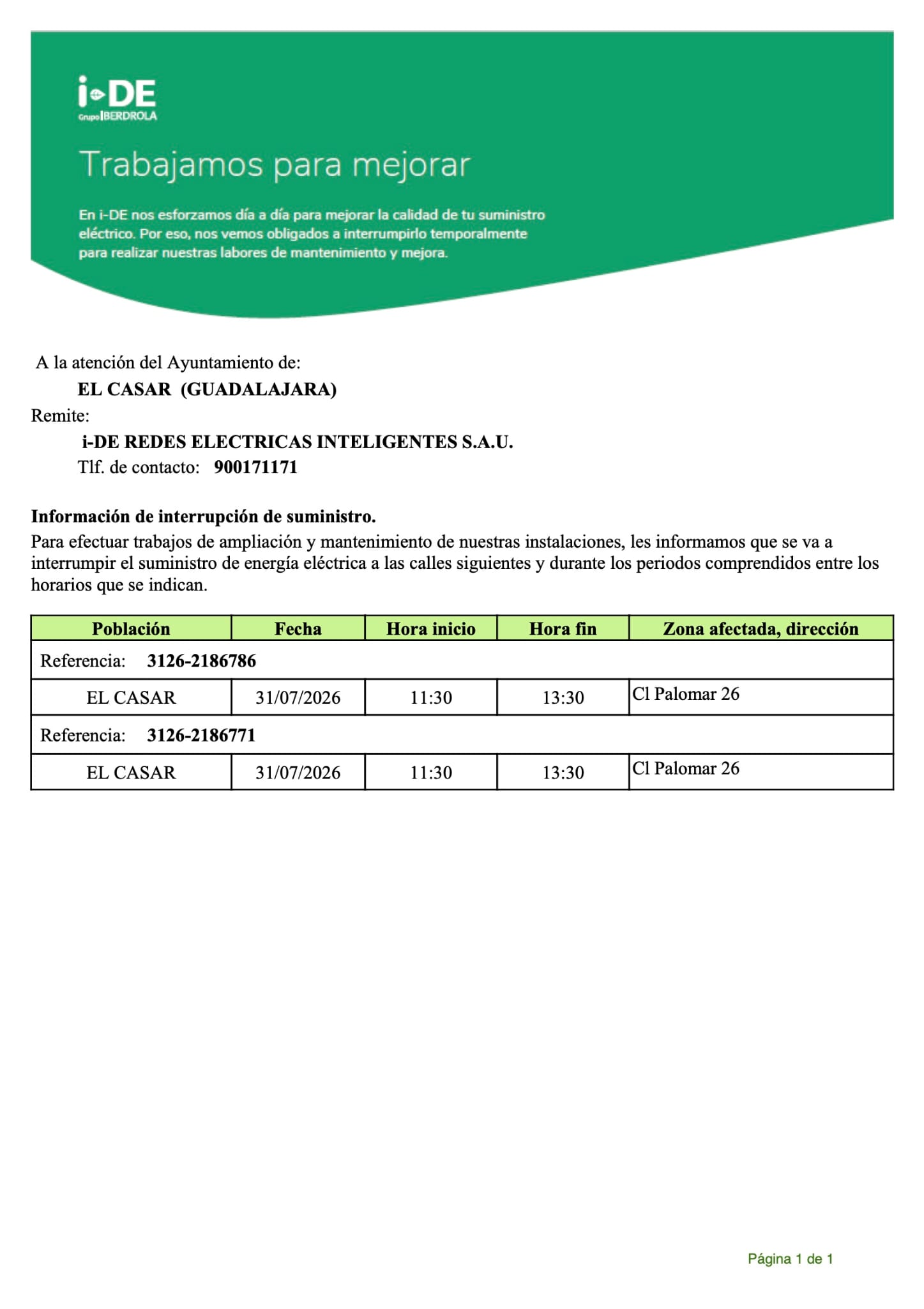 CORTE DE SUMINISTRO ELÉCTRICO DE IBERDROLA EN CALLE PALOMAR