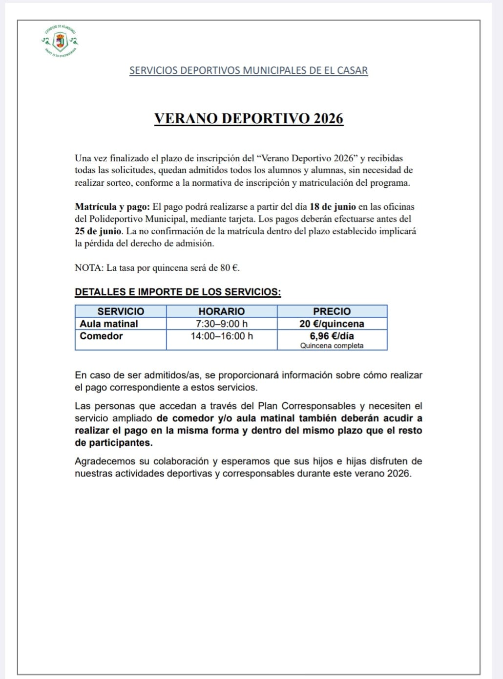 AYUNTAMIENTO DE EL CASAR | TODOS LOS PARTICIPANTES ADMITIDOS EN EL VERANO DEPORTIVO 2026
