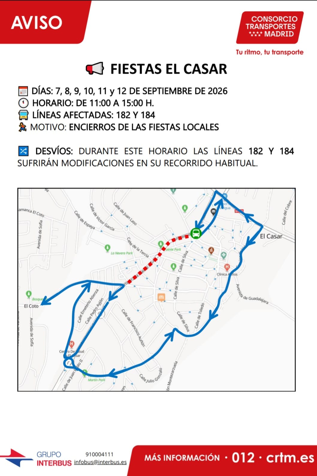 DESVÍOS DE LAS LÍNEAS 182 y 184 DURANTE LAS FIESTAS DE EL CASAR 2026