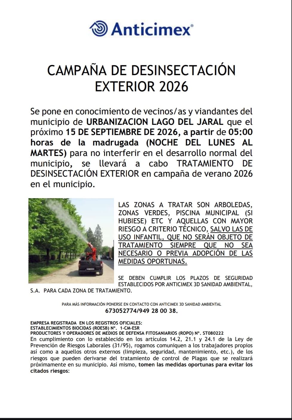 AVISO IMPORTANTE | CAMPAÑA DE DESINSECTACIÓN EXTERIOR 2026 EN URBANIZACIÓN LAGO DEL JARAL