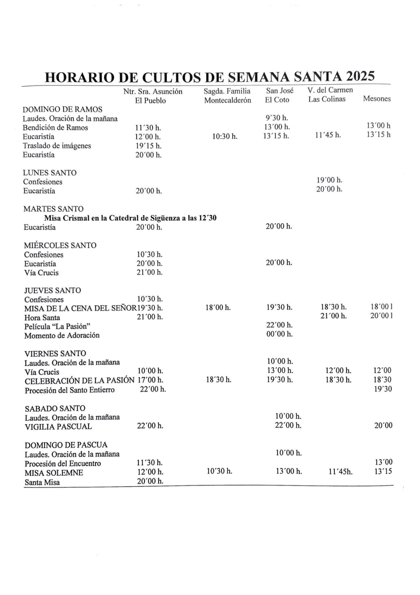 SEMANA SANTA 2025 EN EL CASAR  – PROGRAMA DE PROCESIONES Y ACTOS LITÚRGICOS