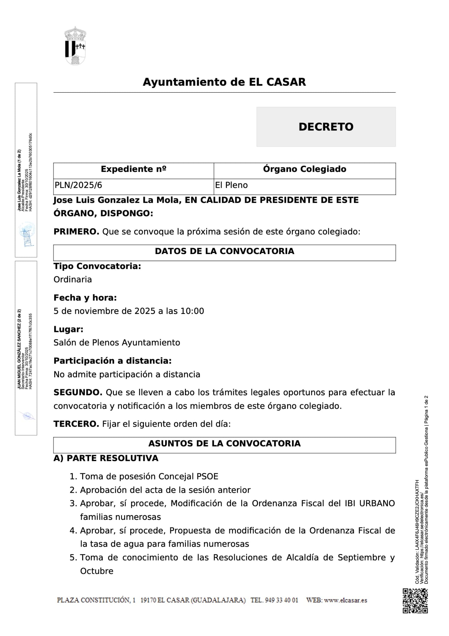 CONVOCATORIA DE PLENO ORDINARIO DEL AYUNTAMIENTO DE EL CASAR