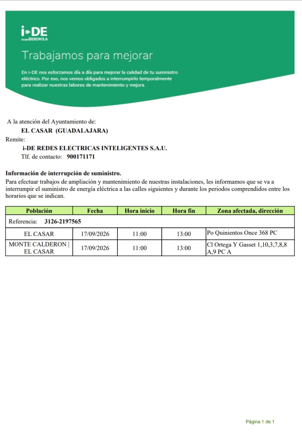 AVISO | CORTE DE SUMINISTRO ELÉCTRICO EN EL CASAR Y MONTECALDERÓN