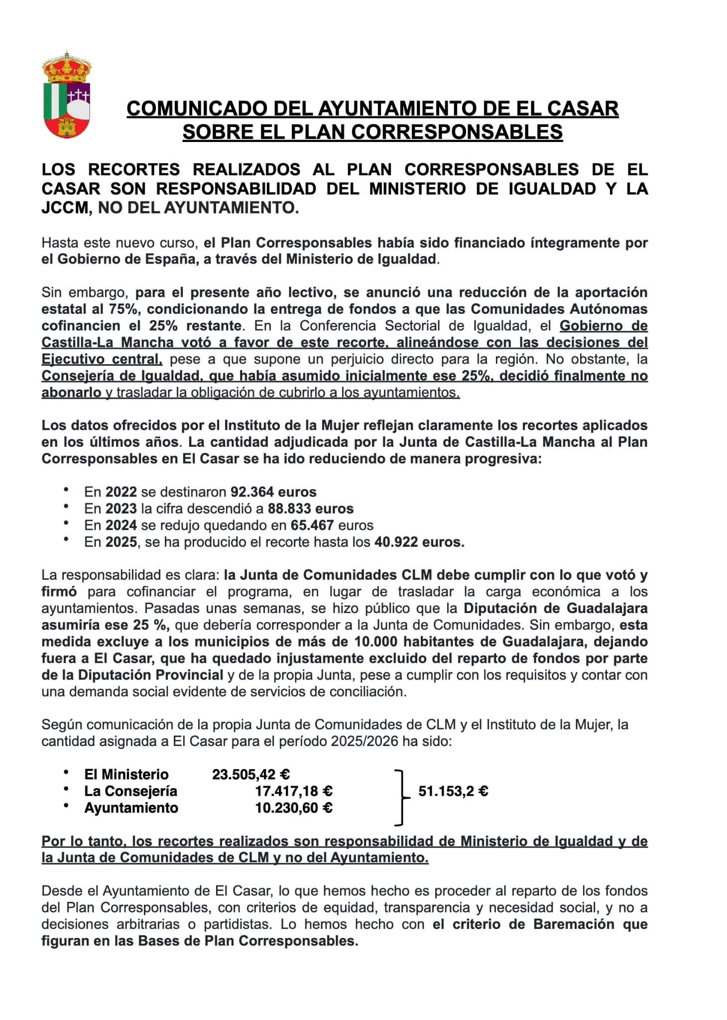 COMUNICADO DEL AYUNTAMIENTO DE EL CASAR SOBRE EL PLAN CORRESPONSABLES