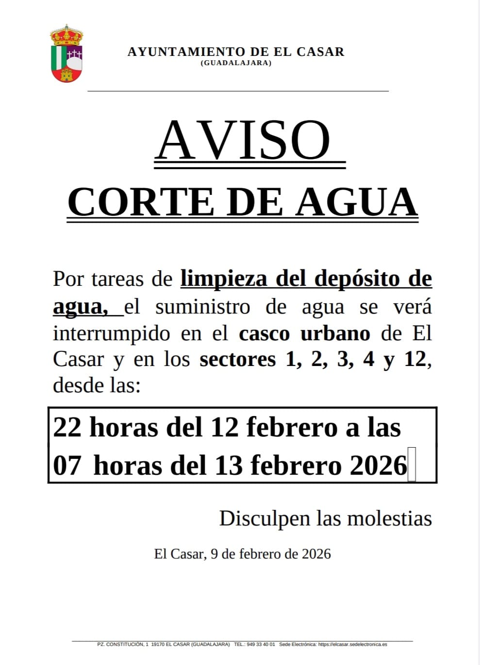 AVISO CORTE DE AGUA EN EL CASAR