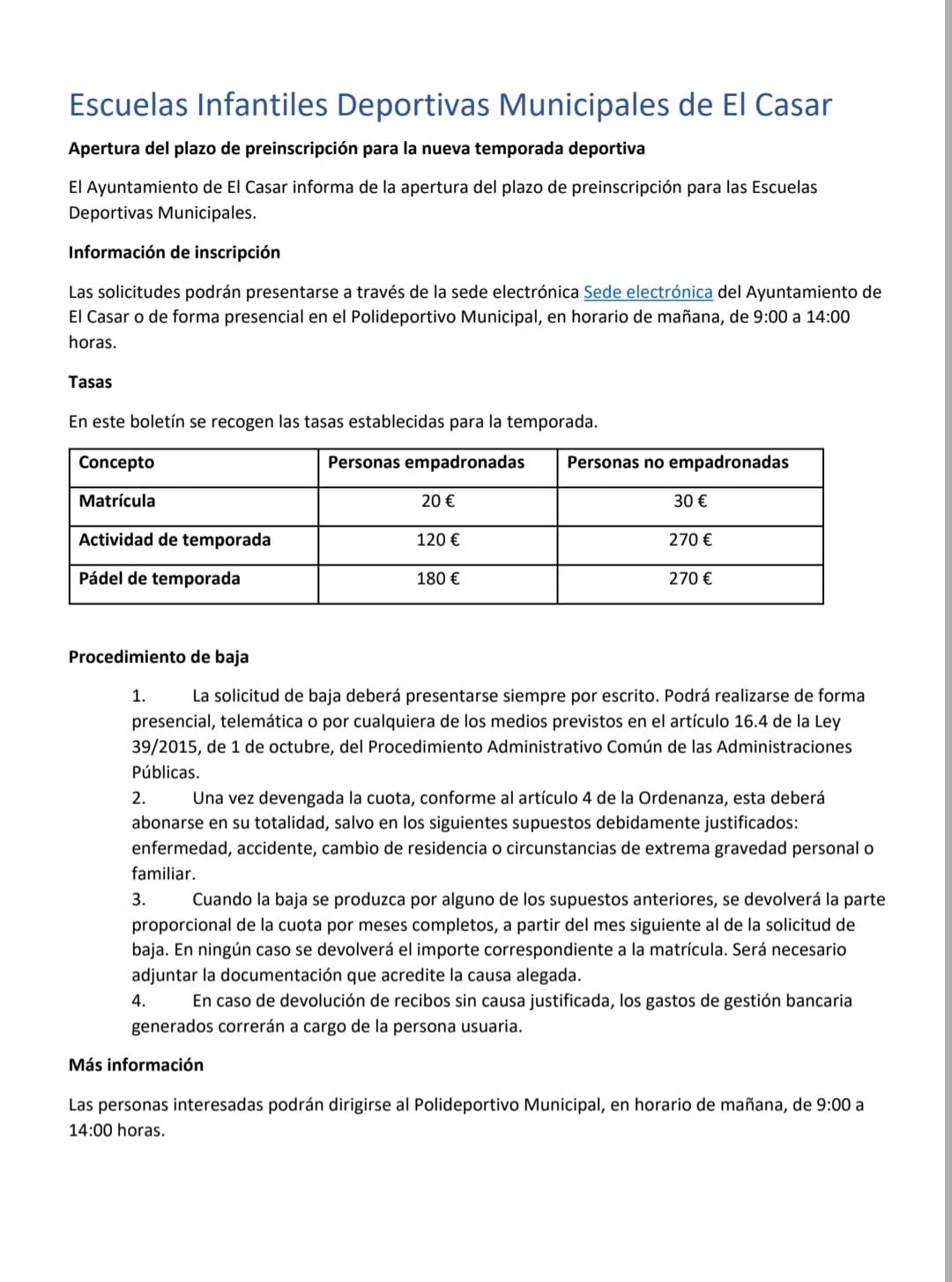 ABIERTO EL PLAZO DE PREINSCRIPCIÓN PARA LAS ESCUELAS INFANTILES DEPORTIVAS MUNICIPALES DE EL CASAR