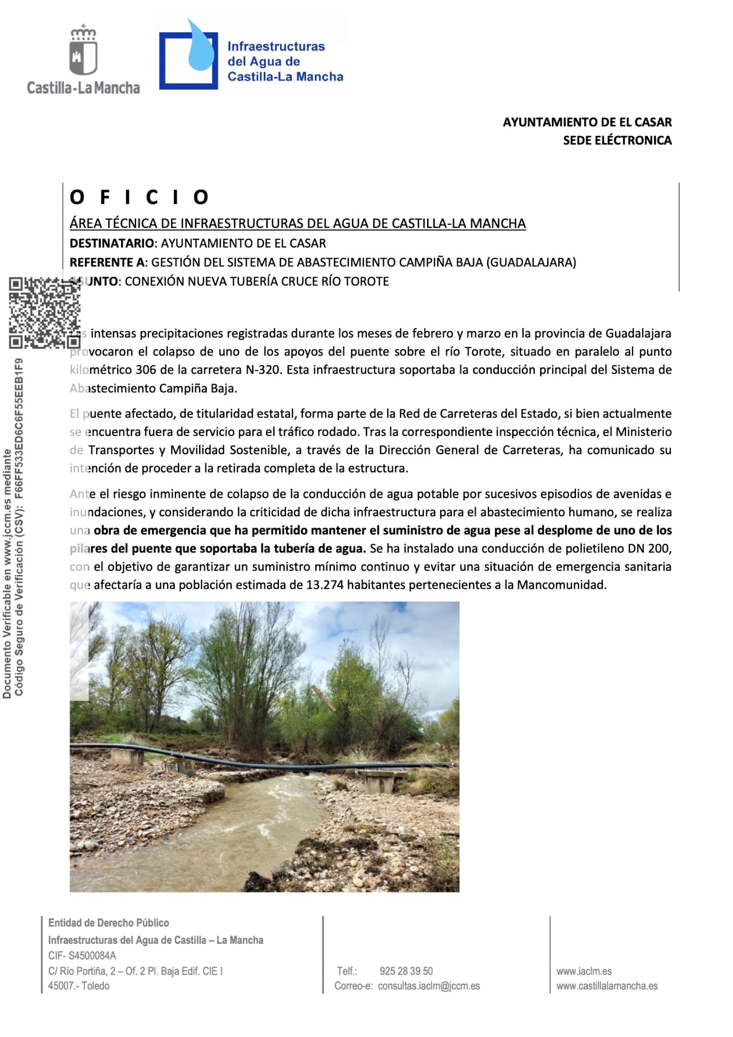 AVISO DE CORTE DE AGUA EN TODO EL MUNICIPIO POR OBRAS DE CONEXIÓN DE NUEVA TUBERÍA – CRUCE RÍO TOROTE