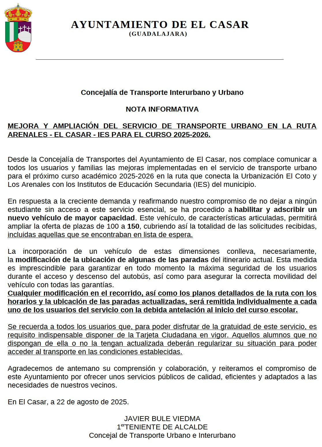 EN EL CASAR AMPLIAMOS EL TRANSPORTE ESCOLAR – RUTA IES