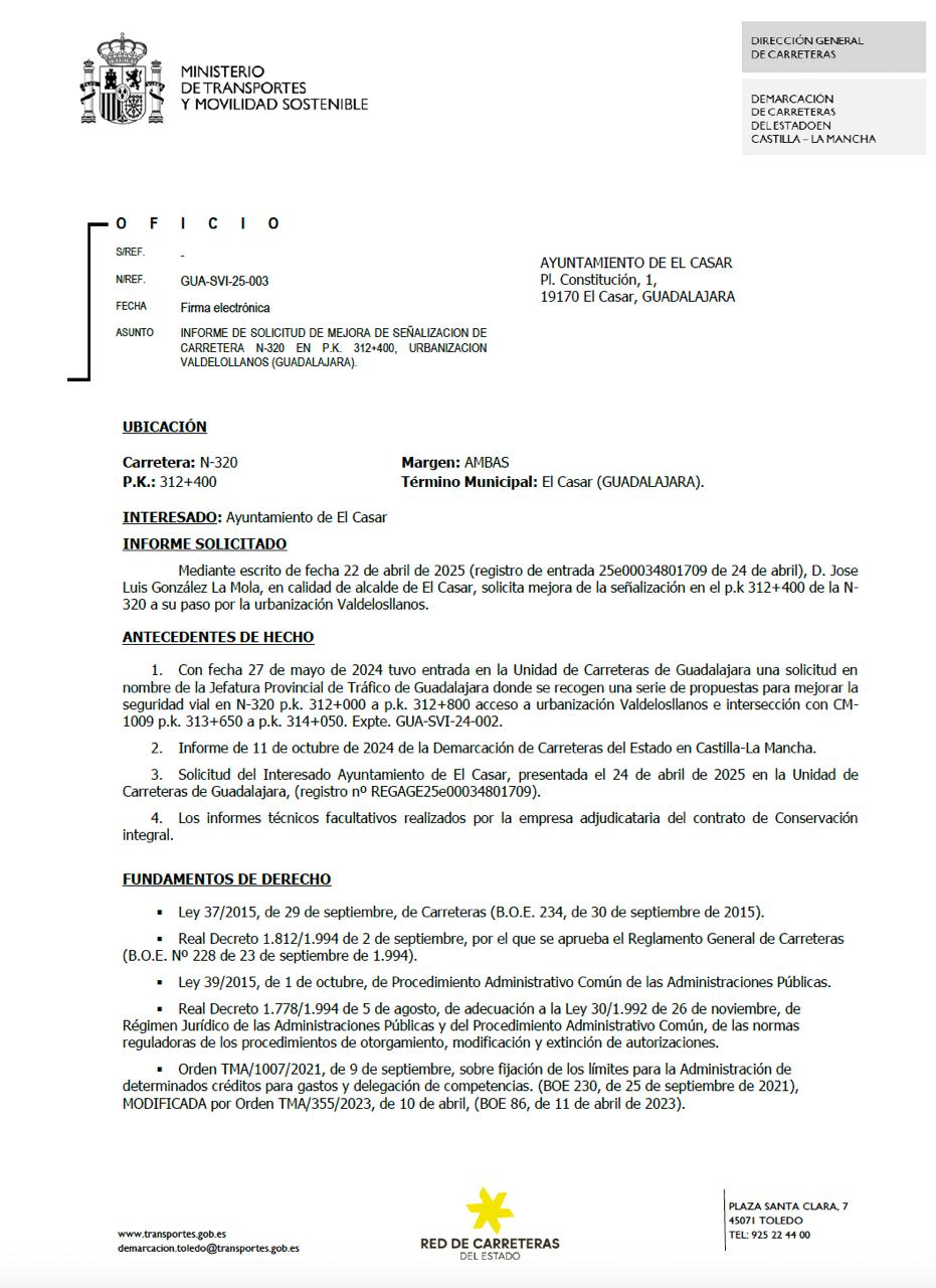 RESPUESTA OFICIAL SOBRE LA SOLICITUD DE MEJORAS EN EL ACCESO A VALDELOSLLANOS