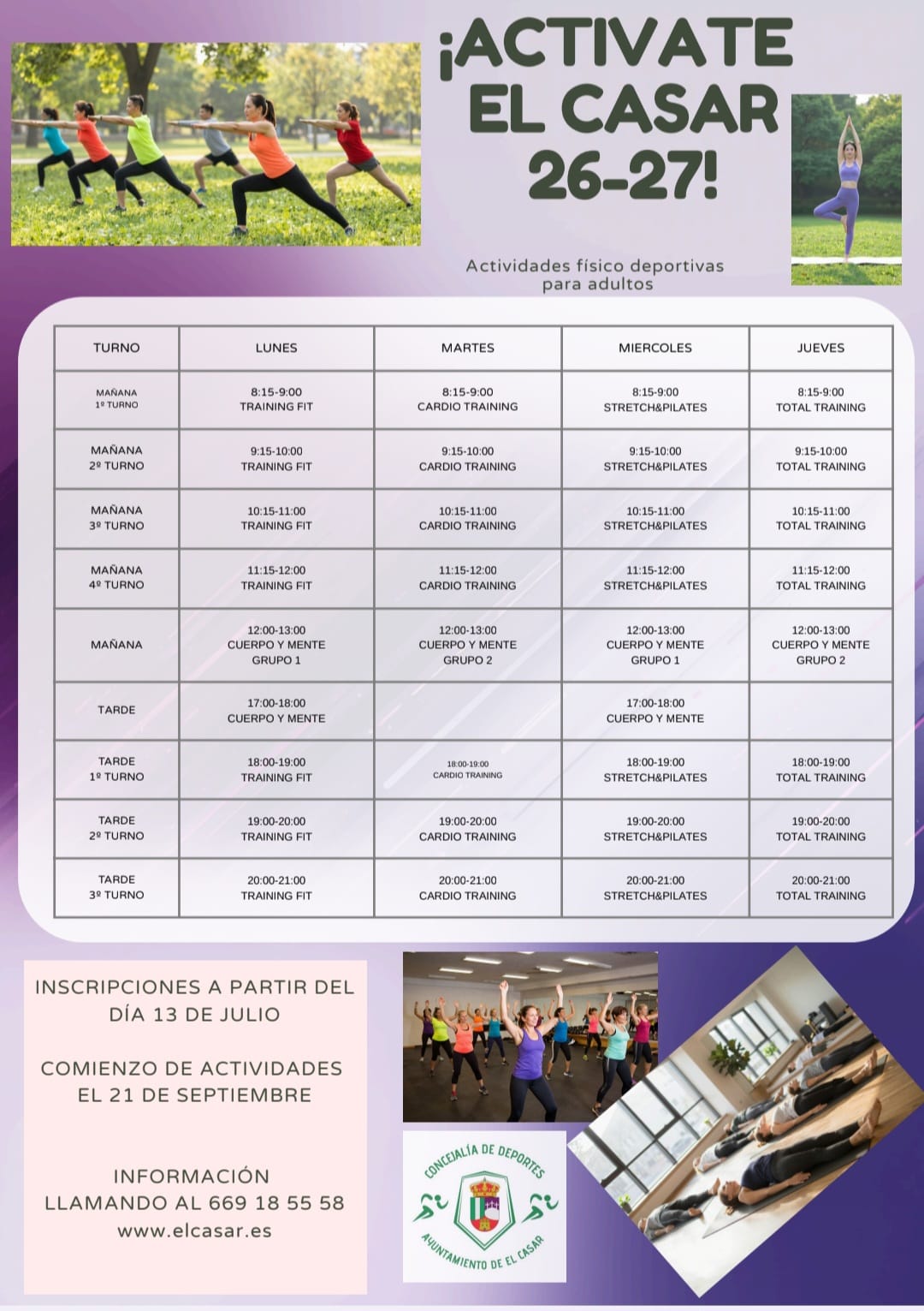 Ya está aquí la nueva edición de "Actívate El Casar" 2026-2027, con un completo programa de actividades físico-deportivas, pensado para fomentar un estilo de vida activo y saludable.  🏋️‍♀️ Training Fit, Cardio Training, Stretch & Pilates, Total Training