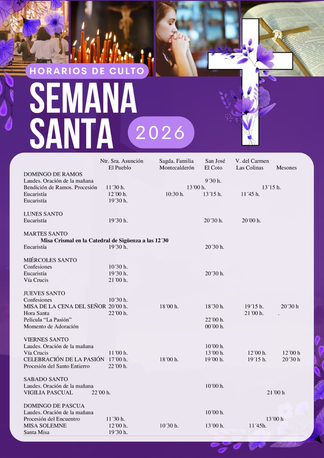 SEMANA SANTA 2026 EL CASAR | HORARIOS DE LOS ACTOS LITÚRGICOS EN LAS CINCO PARROQUIAS