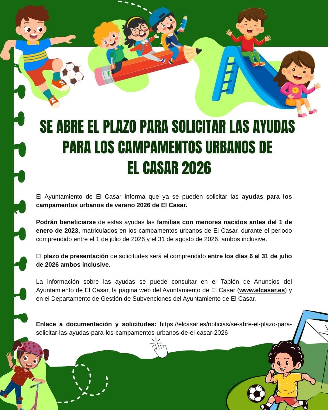 SE ABRE EL PLAZO PARA SOLICITAR LAS AYUDAS PARA LOS CAMPAMENTOS URBANOS DE EL CASAR 2026