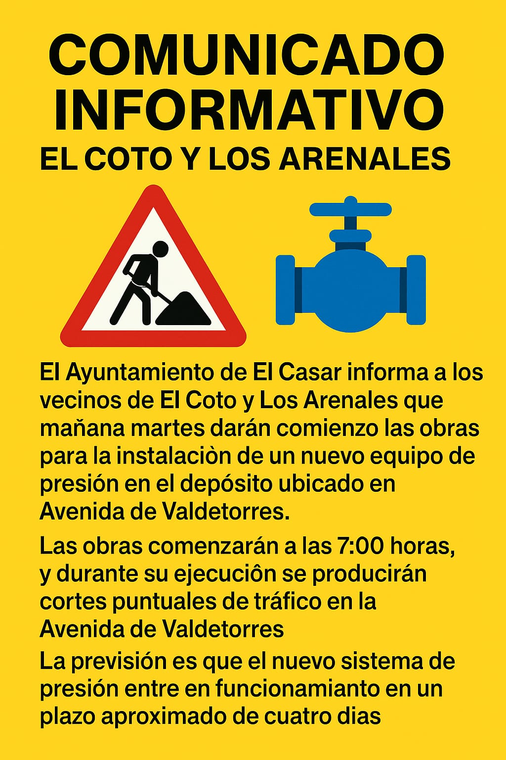 COMUNICADO INFORMATIVO SOBRE LA INSTALACIÓN DE UN NUEVO EQUIPO DE PRESIÓN DE AGUA EN EL COTO Y LOS ARENALES