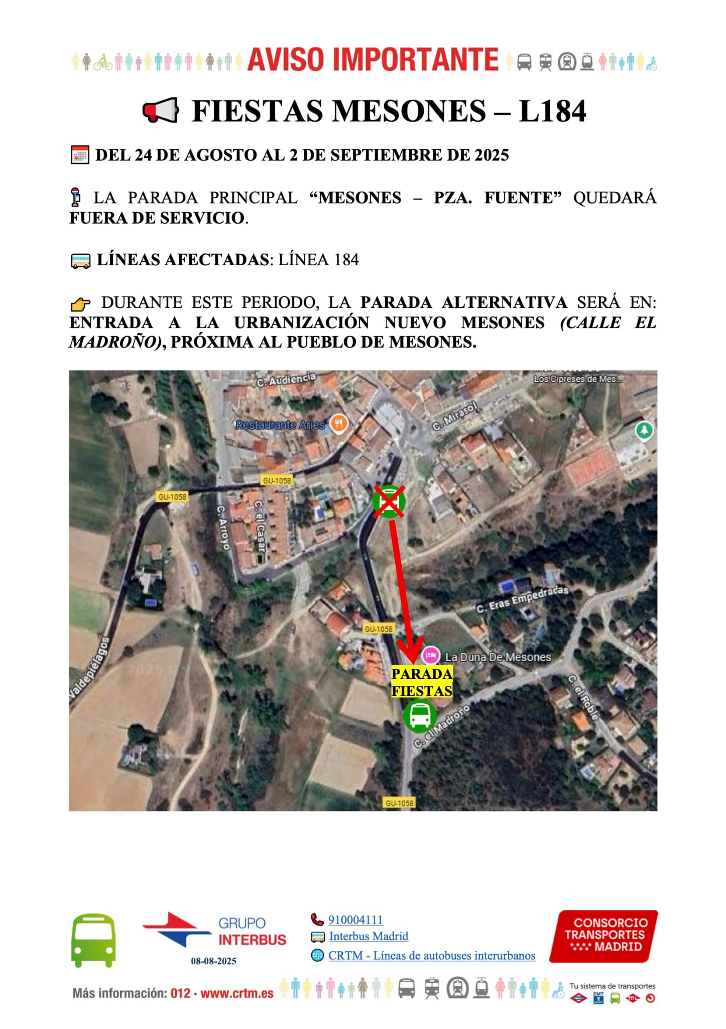 AVISO DE MODIFICACIÓN DE AUTOBUSES POR LAS FIESTAS DE MESONES Y EL CASAR 2025