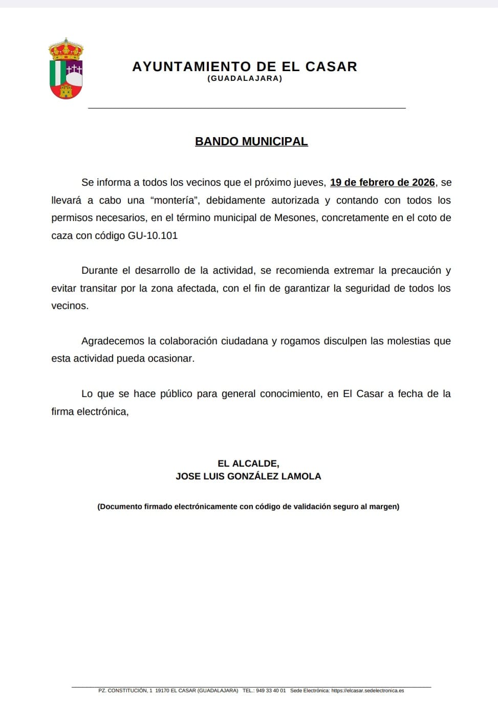 AVISO A LA CIUDADANÍA |  MONTERÍA AUTORIZADA EN EL TÉRMINO MUNICIPAL DE MESONES