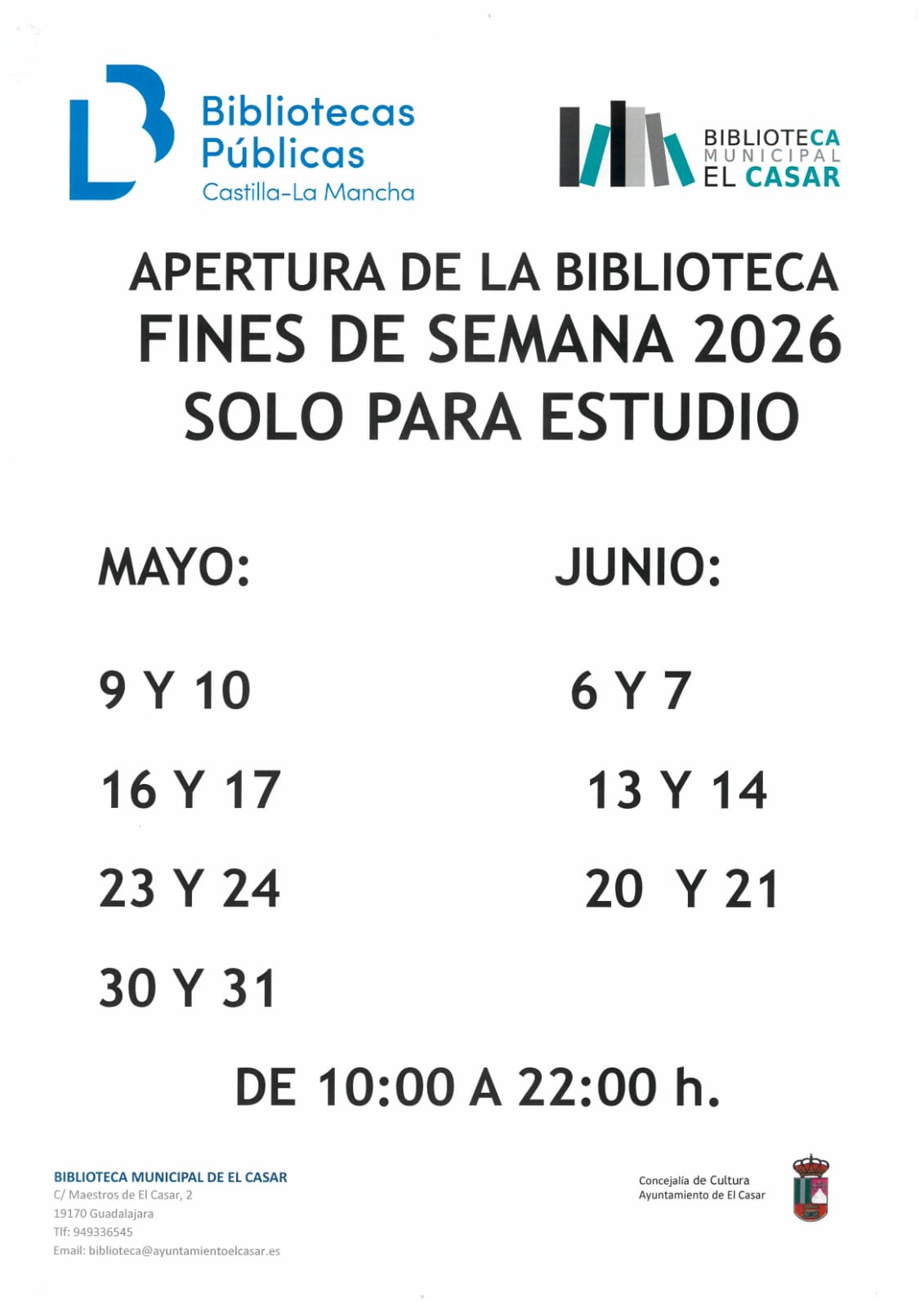 BIBLIOTECA MUNICIPAL DE EL CASAR | ABRIMOS LOS FINES DE SEMANA DE MAYO Y JUNIO (3)