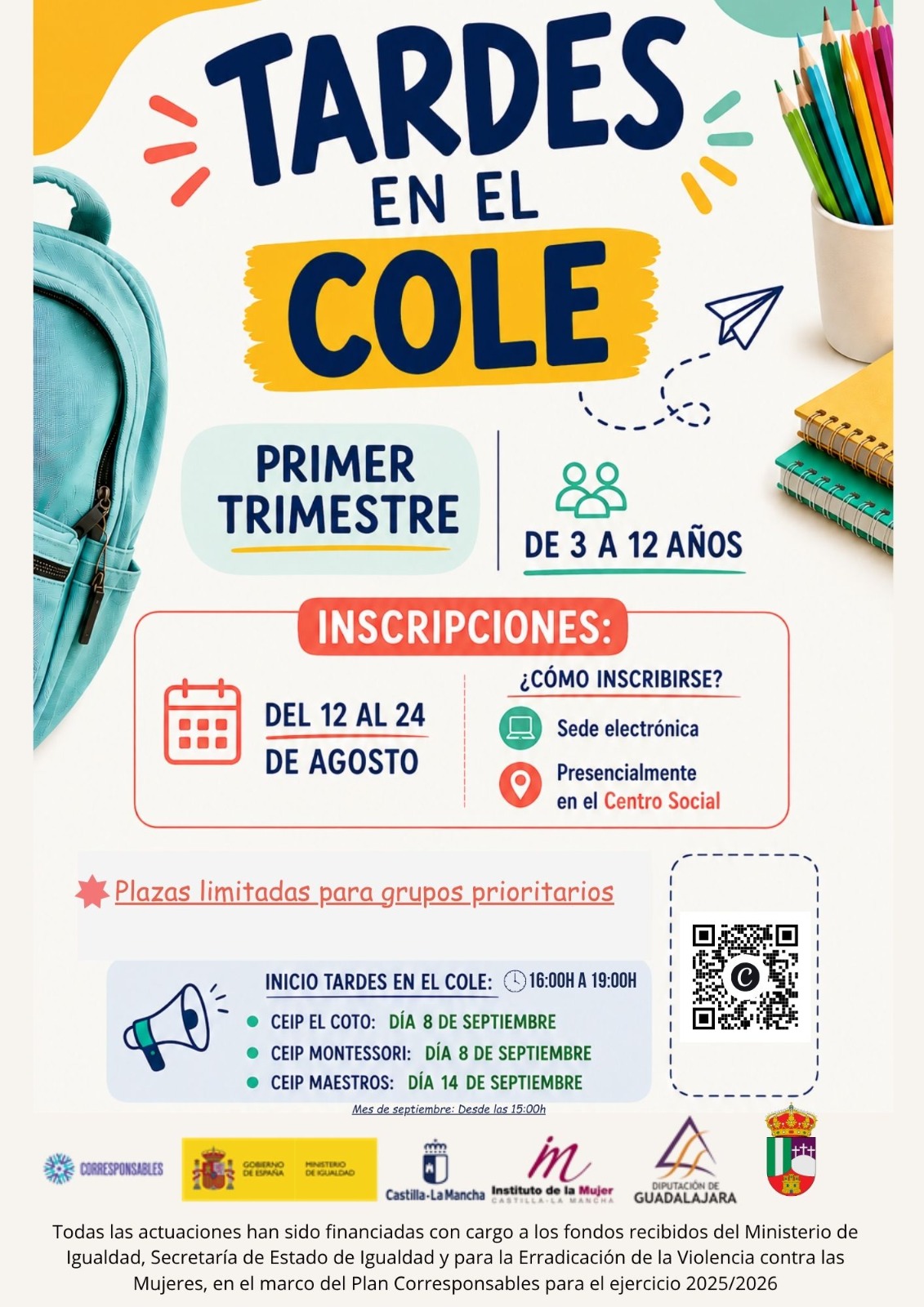 ¡YA ESTÁ ABIERTO EL PLAZO DE INSCRIPCIÓN PARA TARDES EN EL COLE DEL PLAN CORRESPONSABLES!