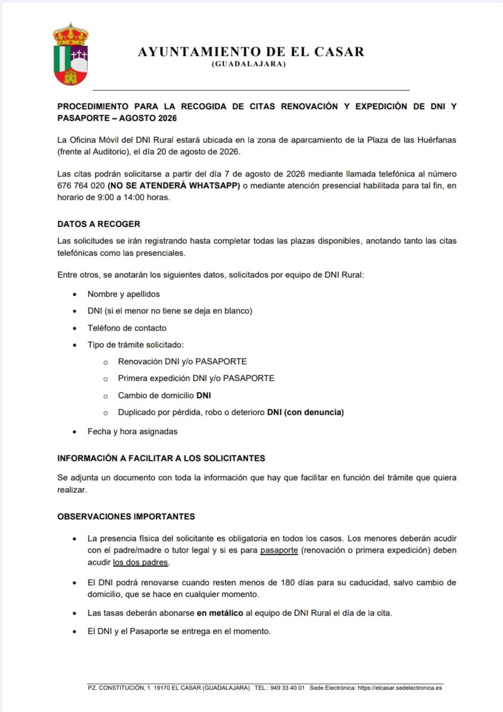 DNI Y PASAPORTE EN EL CASAR | OFICINA MÓVIL EL 20 DE AGOSTO