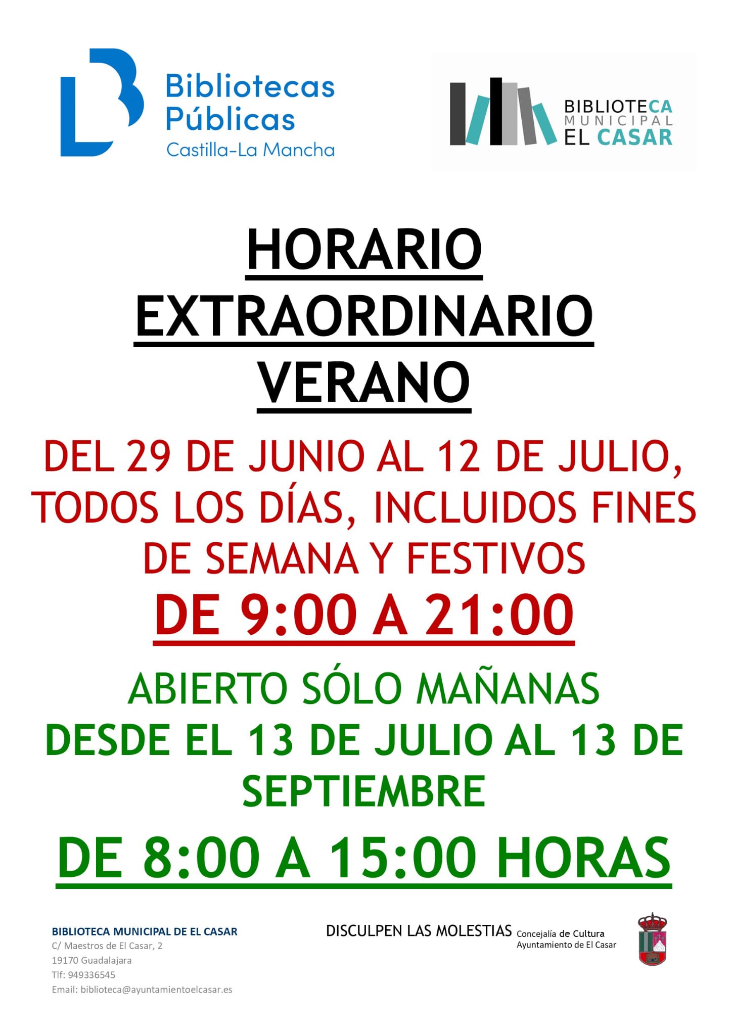 ¡AMPLIAMOS AÚN MÁS EL HORARIO DE VERANO PARA ESTUDIO DE LA BIBLIOTECA PÚBLICA MUNICIPAL DE EL CASAR!