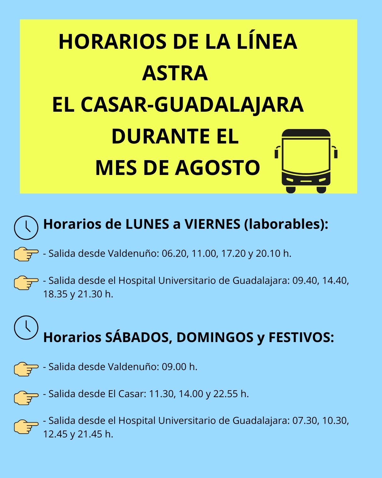 HORARIOS DE LA LÍNEA ASTRA EL CASAR - GUADALAJARA DURANTE EL MES DE AGOSTO