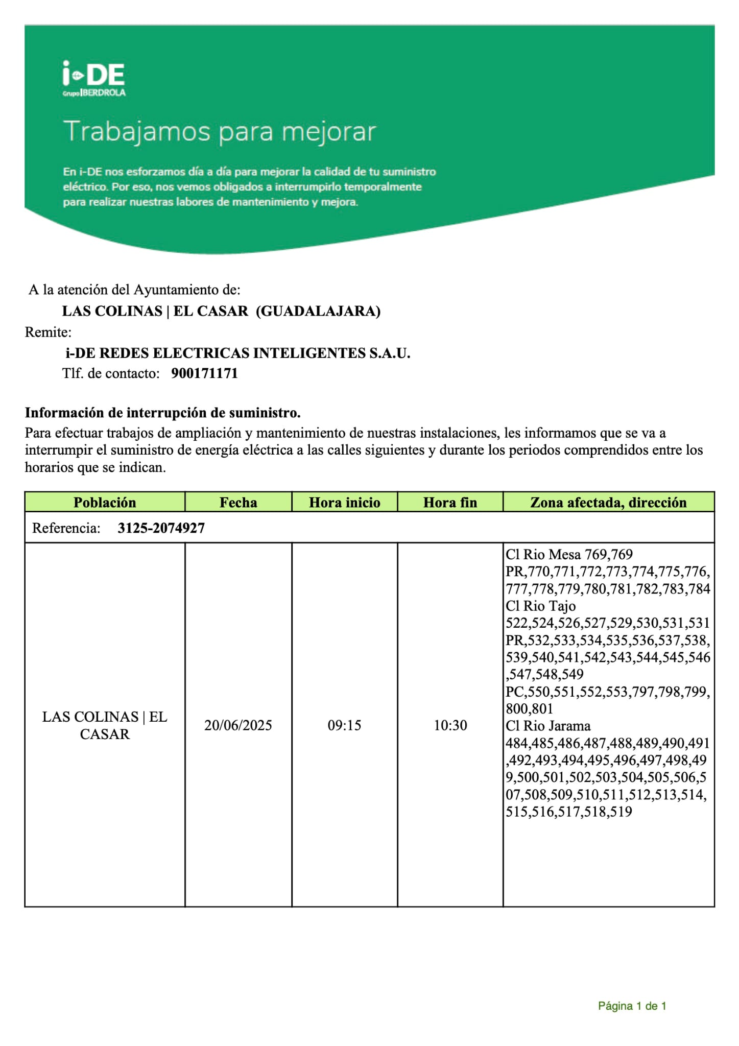 CORTE DE SUMINISTRO ELÉCTRICO DE IBERDROLA EN TRES CALLES DE LAS COLINAS