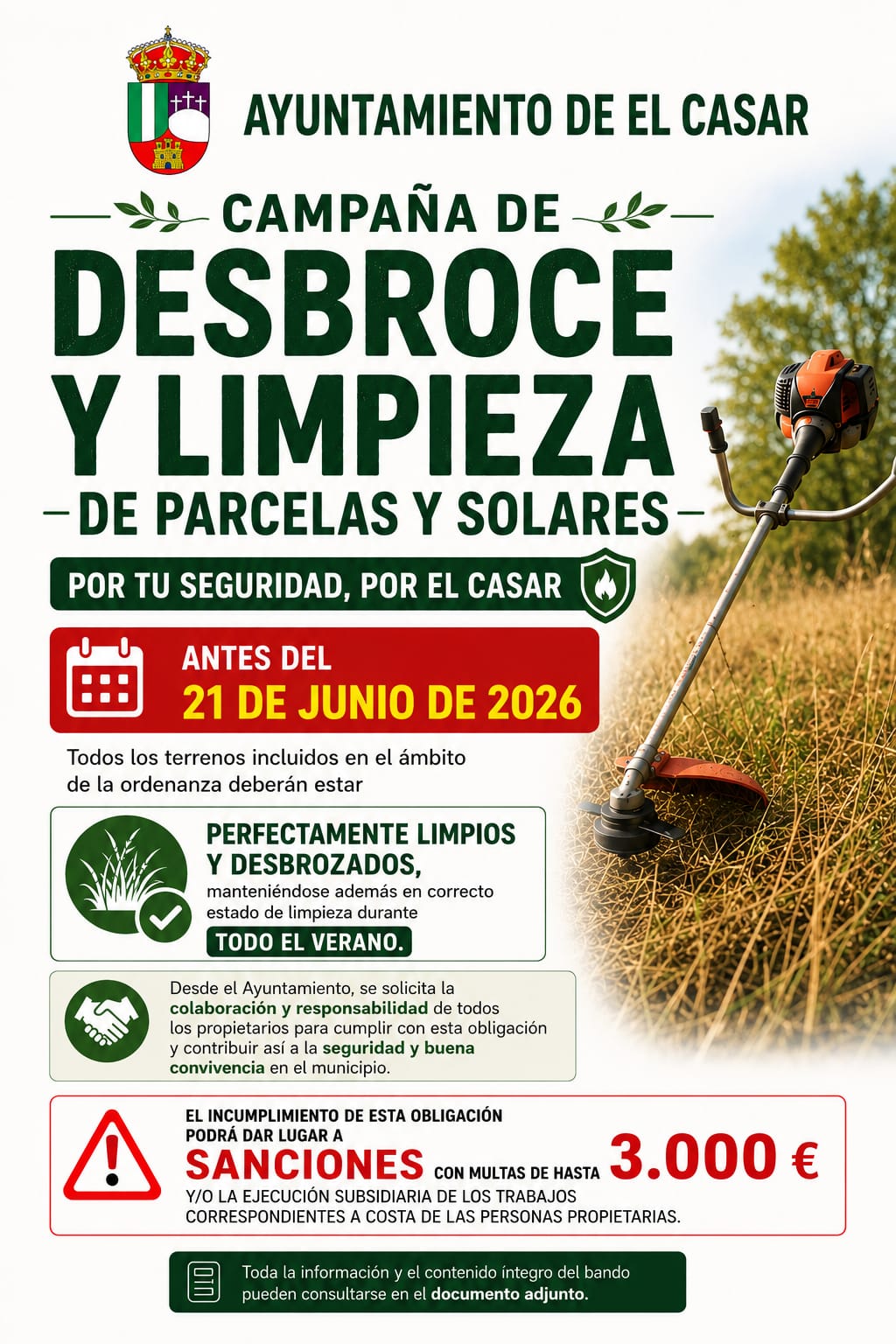 AYUNTAMIENTO DE EL CASAR | BANDO SOBRE LA LIMPIEZA DE PARCELAS Y SOLARES
