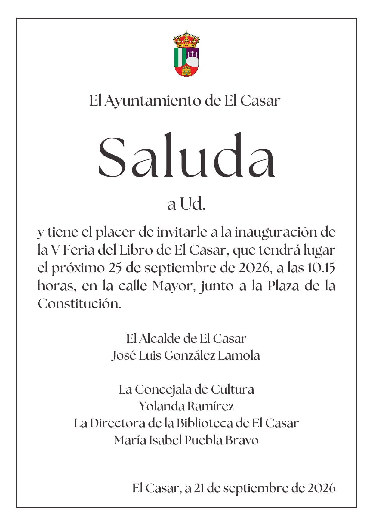 INVITACIÓN DEL AYUNTAMIENTO DE EL CASAR A LA INAUGURACIÓN DE LA V FERIA DEL LIBRO