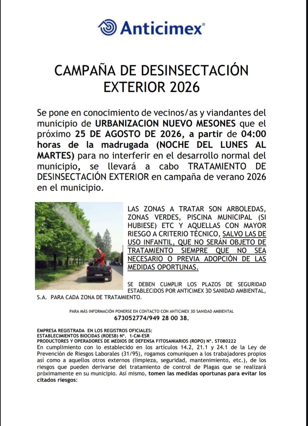 AVISO IMPORTANTE . CAMPAÑA DE DESINSECTACIÓN EXTERIOR 2026 EN NUEVO MESONES
