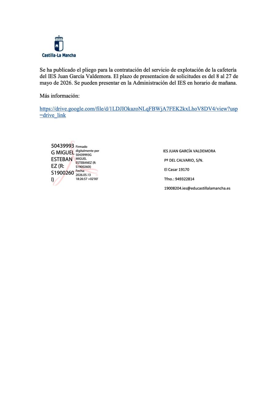 CONTRATACIÓN DEL SERVICIO DE EXPLOTACIÓN DE LA CAFETERÍA DEL IES JUAN GARCÍA VALDEMORA