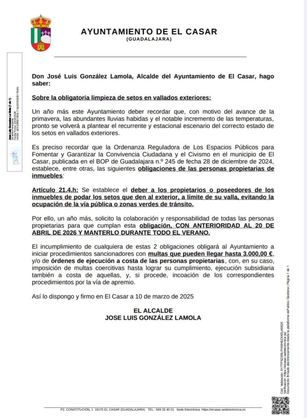 RECORDATORIO SOBRE LA LIMPIEZA DE SETOS EN VALLADOS EXTERIORES EN EL CASAR (1)
