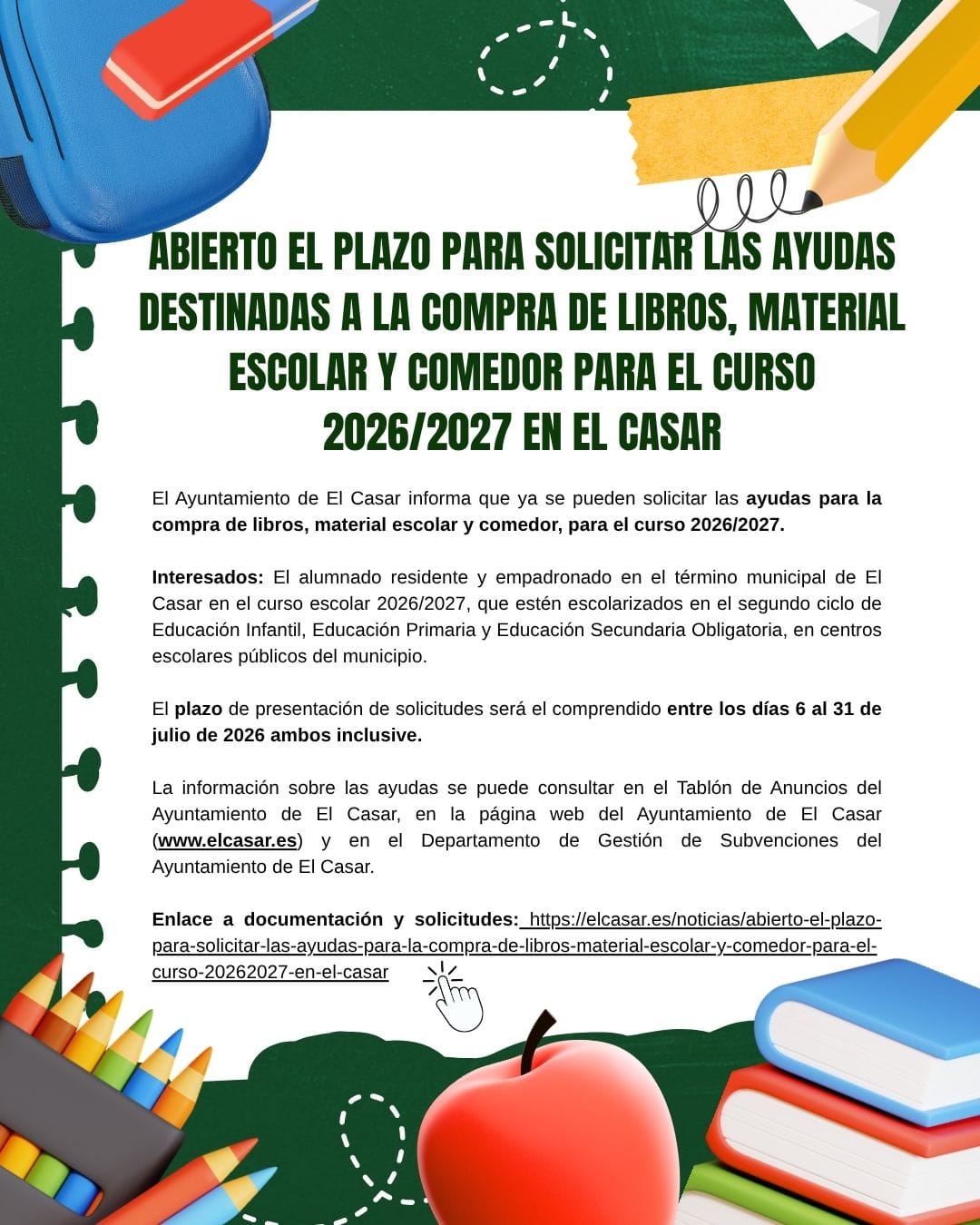 ABIERTO EL PLAZO PARA SOLICITAR LAS AYUDAS PARA LA COMPRA DE LIBROS, MATERIAL ESCOLAR Y COMEDOR PARA EL CURSO 2026/2027 EN EL CASAR