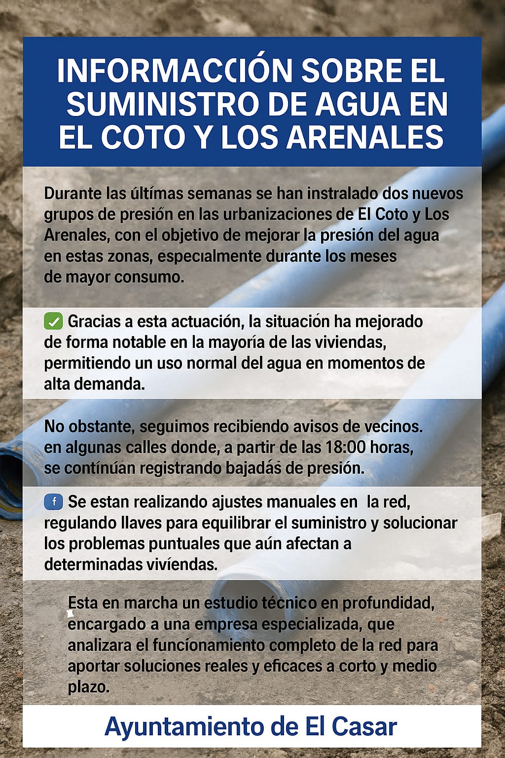 INFORMACIÓN DEL AYUNTAMIENTO DE EL CASAR  SOBRE EL SUMINISTRO DE AGUA EN EL COTO Y LOS ARENALES