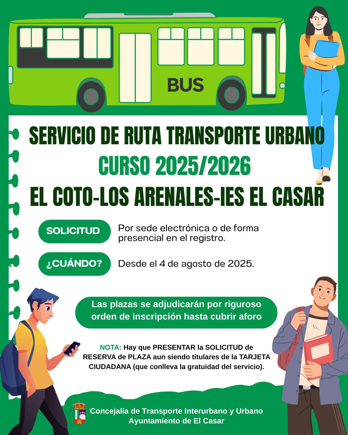 SERVICIO DE TRANSPORTE URBANO CURSO 2025/2026 DESDE URB. EL COTO Y URB. LOS ARENALES A LOS IES